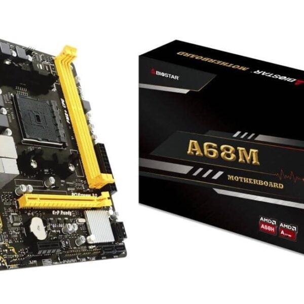 MB FM2+ A68MHE BIOSTAR motherboard with support for overclocked dual DDR3 2600Mhz - high-performance computing hardware.