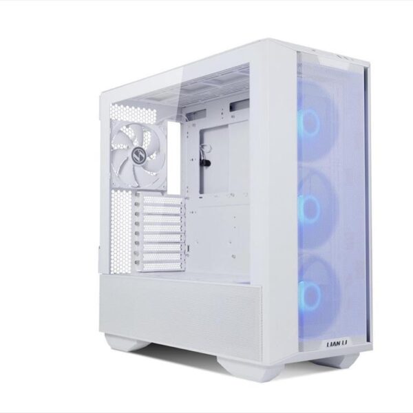 White Lian Li LANCOOL III E-ATX Mid-Tower case with 2x Tempered Glass, 4x140mm PWM fans, and Reversible Front I/O.