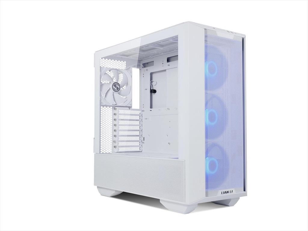 White Lian Li LANCOOL III E-ATX Mid-Tower case with 2x Tempered Glass, 4x140mm PWM fans, and Reversible Front I/O.